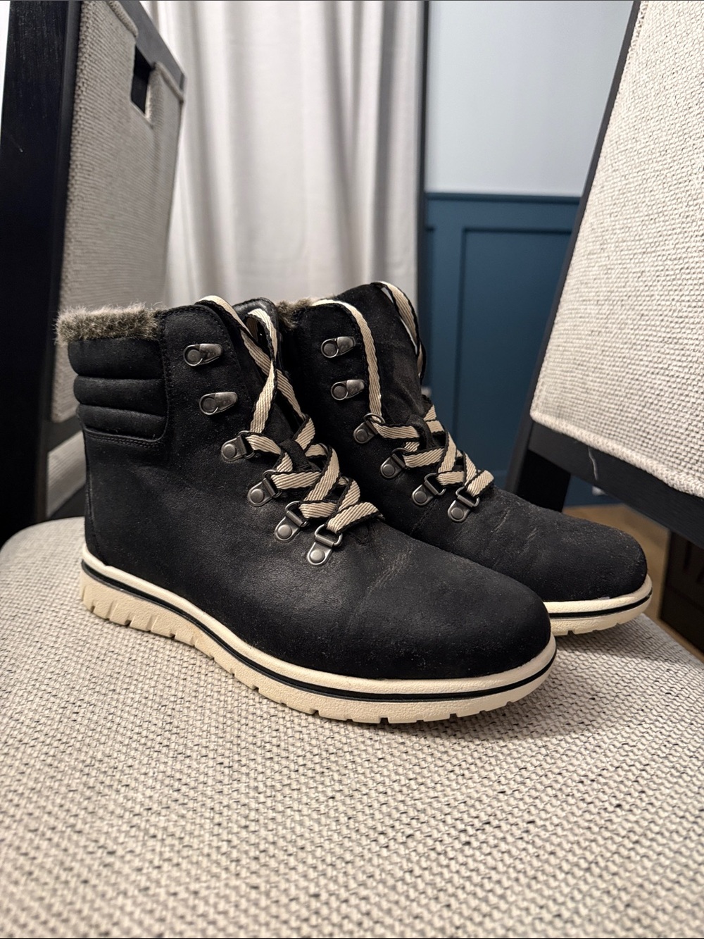 St. John's Bay Black Lace-Up Winter Boots with Cream Trim